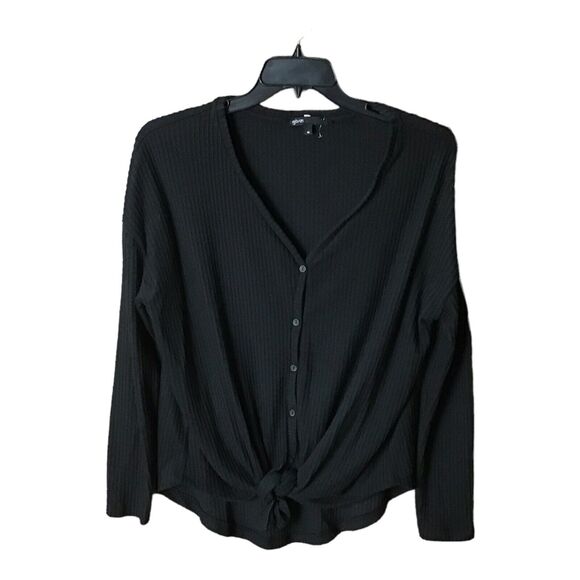 Gibson Women’s Small Black Thermal Waffle Knit V-Neck Button Tie Front Top - Picture 5 of 16